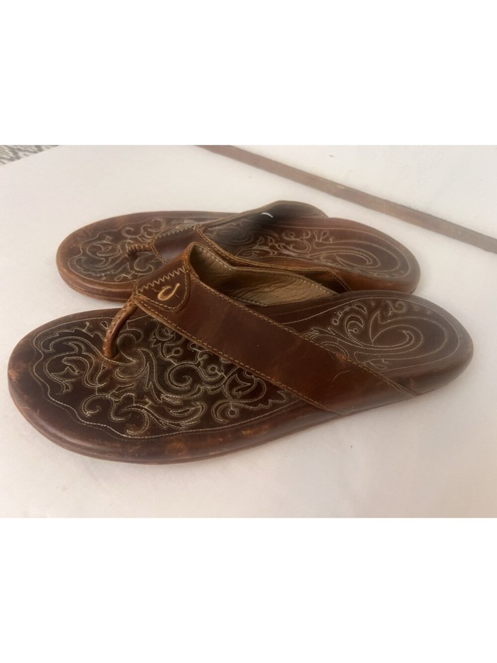 Brown Leather OluKai Men's Mekila Flip Flop Sandals with footbed embroidery 13